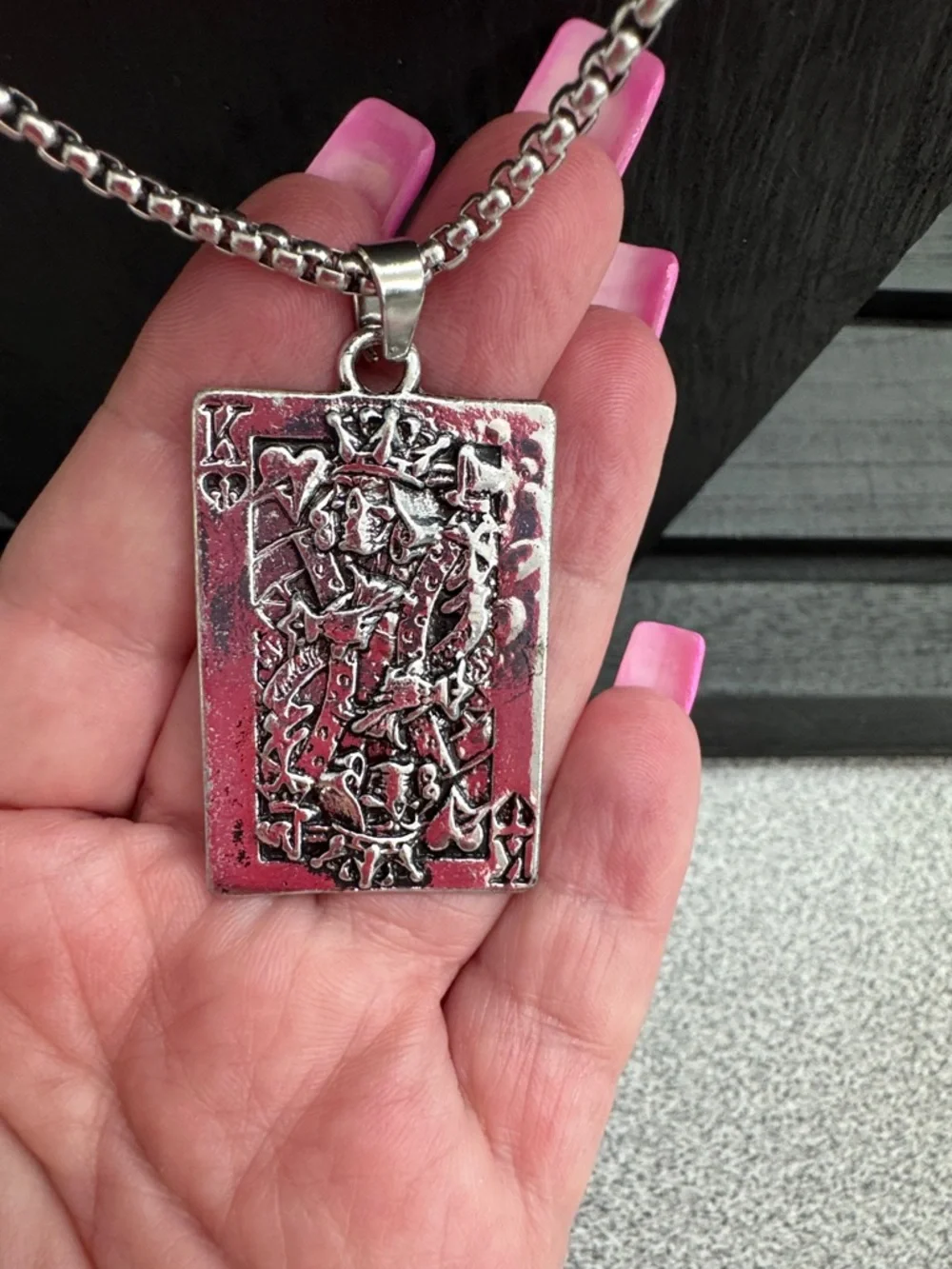 Men's Silver Skull King of Hearts Pendant Necklace - Card Design